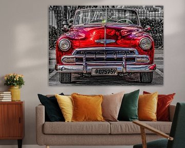 rode vintage cabriolet HDR in Havana Cuba zwart-wit van Dieter Walther