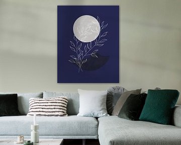 Abstract landschap in nachtblauw met een zilveren maan van Tanja Udelhofen