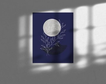 Abstract landschap in nachtblauw met een zilveren maan