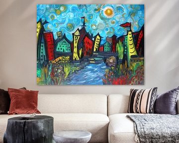 Whimsical Van Gogh Style Town van Rhonda Clapprood