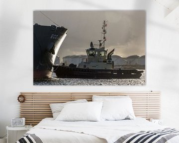 Sleepboot tijdens het afmeren van een schip in de haven Amsterdam van scheepskijkerhavenfotografie