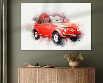 Fiat 500 F 60s Classic Oldtimer Car in Red Watercolor Splash by Andreea Eva Herczegh
