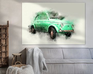 Fiat 500 R 70s Classic Oldtimer Car in Green Watercolor Splash by Andreea Eva Herczegh