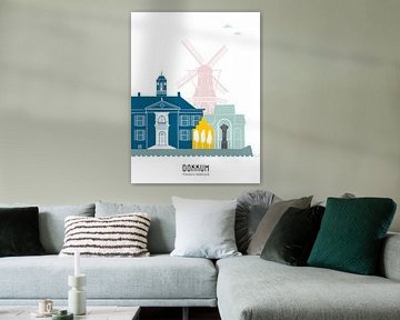 Skyline illustration city Dokkum in color by Mevrouw Emmer