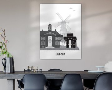 Skyline illustration city Dokkum black-white-grey by Mevrouw Emmer