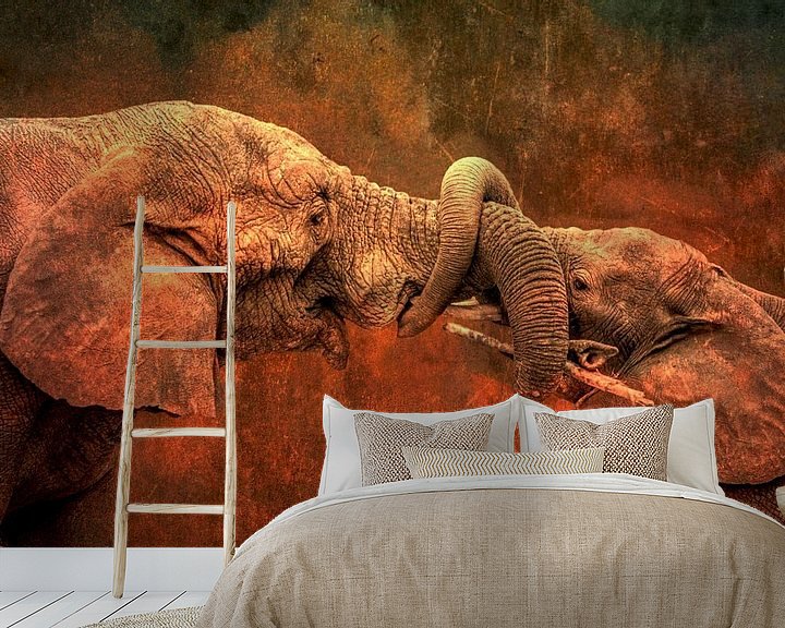 Sfeerimpressie behang: Spelende olifanten van Jille Zuidema