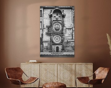 Prague astronomical clock black and white