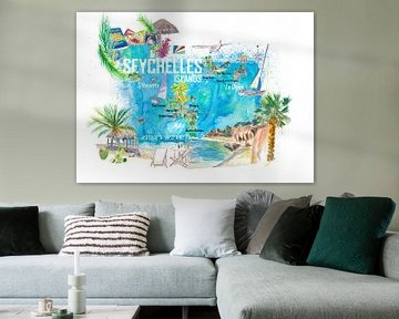 Seychelles Islands Illustrated Travel Map with Tourist Highlights