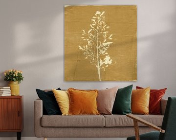 Modern abstract botanical art. White grass on ocher yellow by Dina Dankers