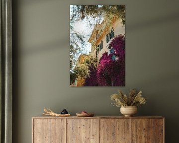 Geel huis met paarse Bougainvillea bloemen, Cinque Terre van Liz Schoonenberg