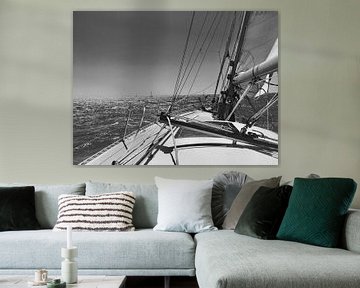 Sailingboat on the IJsselmeer black and white by Leonie Pereboom
