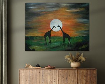 Giraffe Silhouette under the Full Moon van Rhonda Clapprood