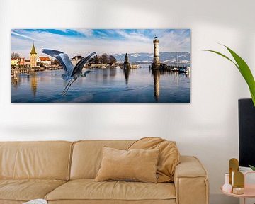 Panorama with grey heron in the harbour of Lindau Bodensee Germany by Dieter Walther