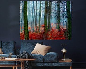 Afstammen (Bomen in herfstbos met rood) van Caroline Lichthart