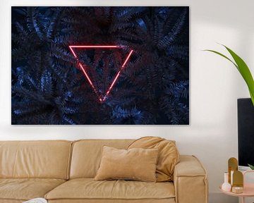 Driehoekig frame in neonlicht omringd door varenplanten van Besa Art