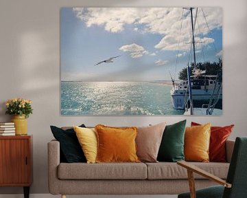 Sunny coastal landscape with boat and seagull | Summer in Cuba by Carolina Reina