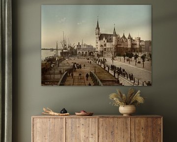 Gezicht op het Steen met de haven, Antwerpen, België (1890-1900) van Vintage Afbeeldingen
