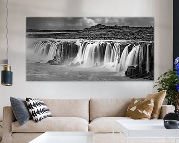 Panoramic photo of the Selfoss waterfall in black and white