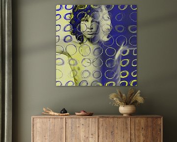 Jim Morrison Modernes abstraktes Porträt in Gelb Blau von Art By Dominic