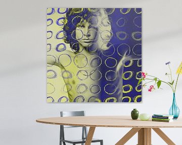 Jim Morrison Modernes abstraktes Porträt in Gelb Blau von Art By Dominic