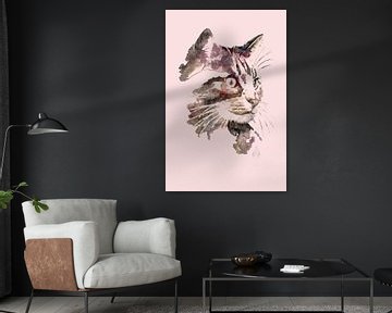 Chat rayé avec motif de fleurs, édition Automne rose, Aquarelle de MadameRuiz 2:3 sur MadameRuiz