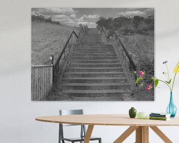 Escalier vers le slufter Texel en noir et blanc sur Jose Lok