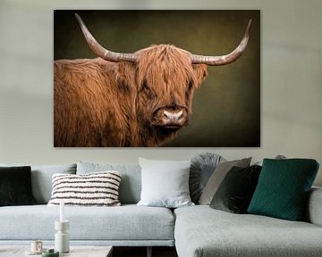 Scottish Highlander, portrait with green background by Marjolein van Middelkoop