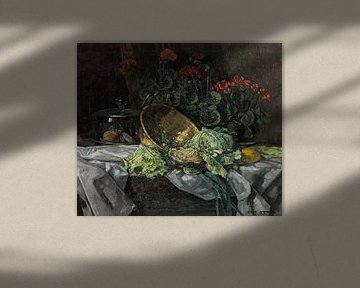 Stilleven met geraniums, groenten en kaasdeksel, JOSEF STOITZNER, 1921