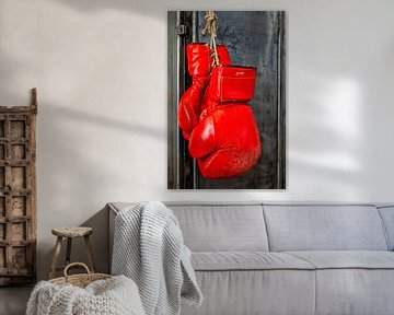 Rode leren bokshandschoenen op metalen achtergrond van Hannie Kassenaar