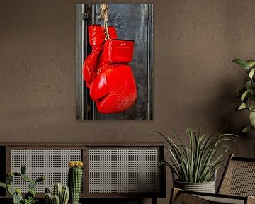 Rode leren bokshandschoenen op metalen achtergrond van Hannie Kassenaar