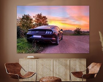 Zwarte Ford Mustang Model 2018 in de zonsondergang van MPfoto71