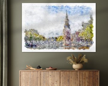 De Oudekerkstoren in Amsterdam (aquarel) van Art by Jeronimo