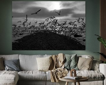 Evening sea with seagulls by Rob Donders Beeldende kunst