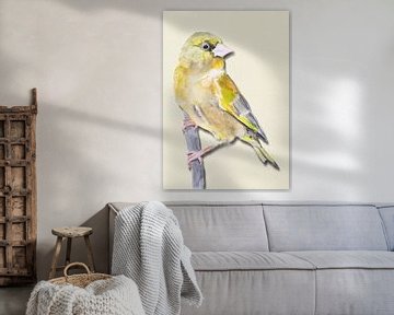 Grünfink mit Schattenvogel Illustration von Angela Peters