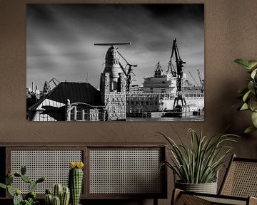 Landing bridges crane and ship in Hamburg harbor in black and white by Dieter Walther