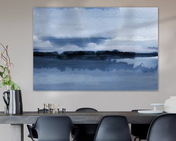 Blauwe wateren. Modern abstract minimalistisch aquarelschilderij. van Dina Dankers