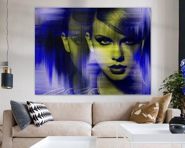 Taylor Swift Modern Abstract Portret Blauw Geel van Art By Dominic