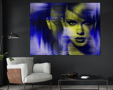 Taylor Swift Modern Abstract Portret Blauw Geel van Art By Dominic