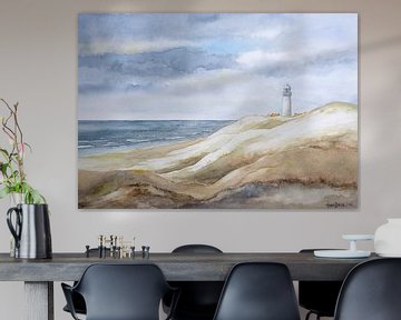 Duinen, zee, strand en vuurtoren. Duin landschap aquarel door Hans Sturris. van Galerie Ringoot