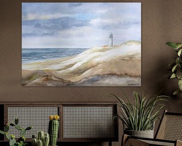 Duinen, zee, strand en vuurtoren. Duin landschap aquarel door Hans Sturris.