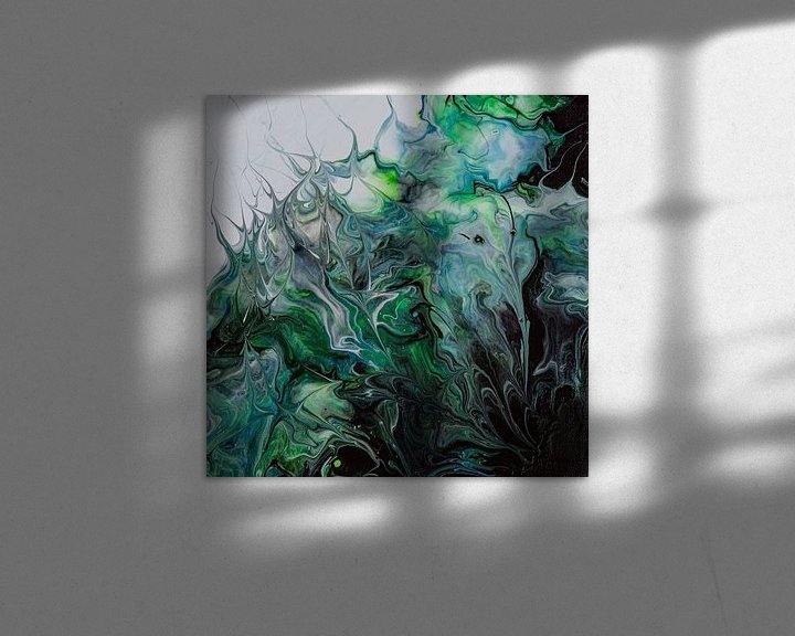 Sfeerimpressie: Organisch groen acryl gieten schilderij van Anita Meis