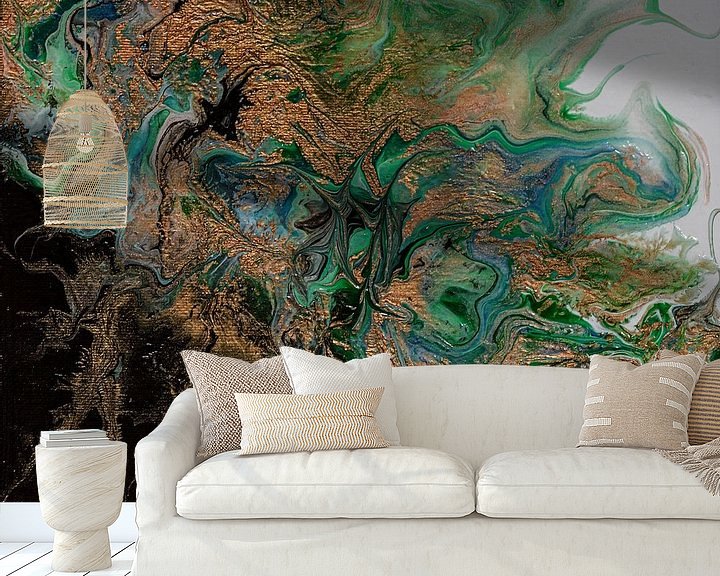 Sfeerimpressie behang: Organisch groen koper acryl gieten schilderij van Anita Meis