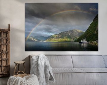 Spectacular rainbow over the Fjord near Eidsdal (Norway)