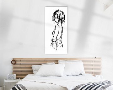 Black and white ink drawing of naked woman by Emiel de Lange