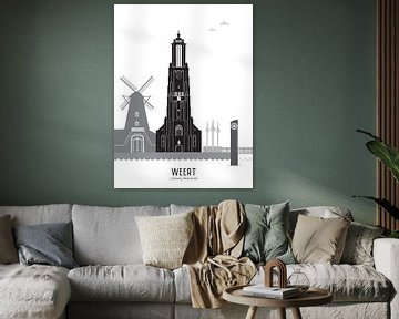 Skyline illustratie stad Weert zwart-wit-grijs van Mevrouw Emmer