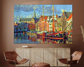 Abstract Painting Haarlem Spaarne with Great or St. Bavo Church by Slimme Kunst.nl