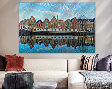 Moderne Malerei Haarlem Spaarne Grachtenhäuser mit Boot von Slimme Kunst.nl