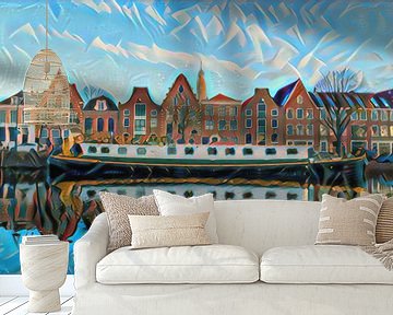 Modern Painting Haarlem Spaarne Canalhouses with Boat by Slimme Kunst.nl