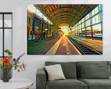 Gemälde des Haarlemer Bahnhofs im Stil von Picasso von Slimme Kunst.nl