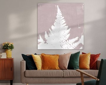 Fern leaf in old pink and white. Modern botanical art  in retro style. by Dina Dankers